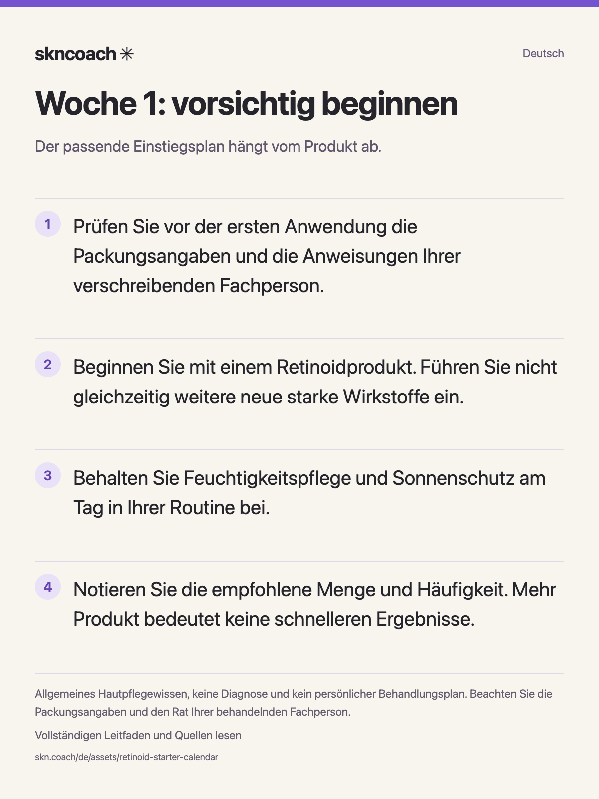 Woche 1: vorsichtig beginnen. Der passende Einstiegsplan hängt vom Produkt ab.