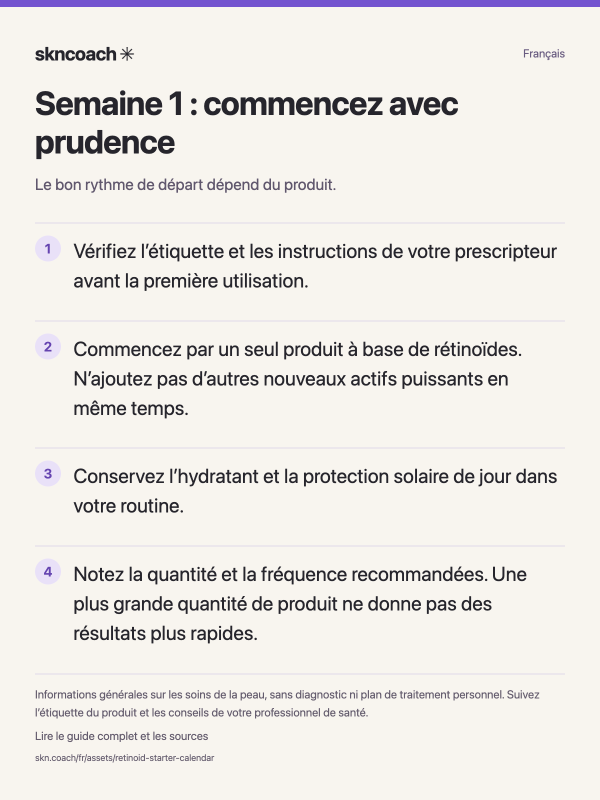 Semaine 1 : commencez avec prudence. Le bon rythme de départ dépend du produit.