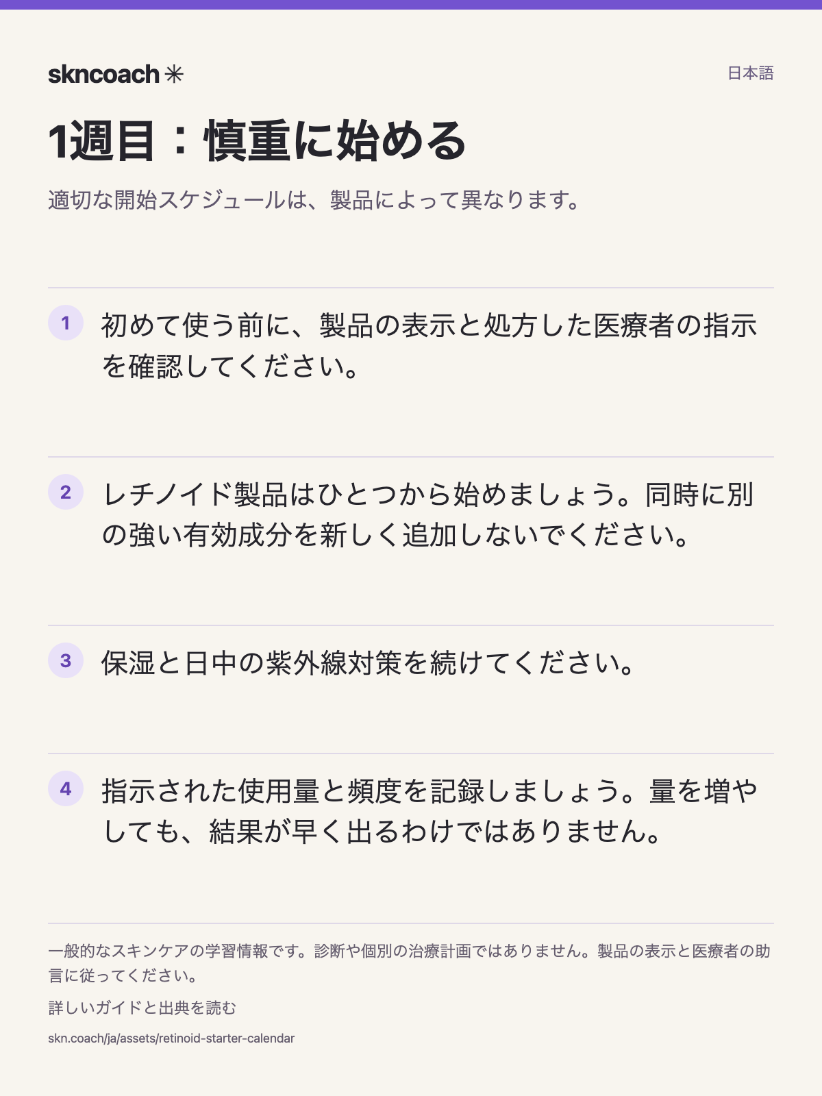 1週目：慎重に始める。適切な開始スケジュールは、製品によって異なります。