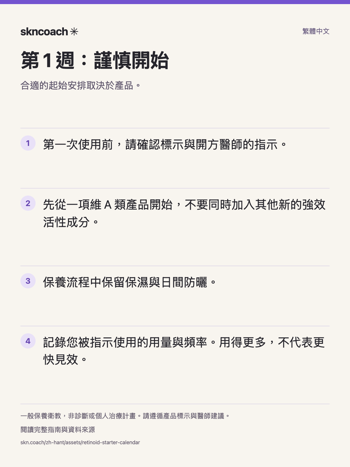 第 1 週：謹慎開始。合適的起始安排取決於產品。
