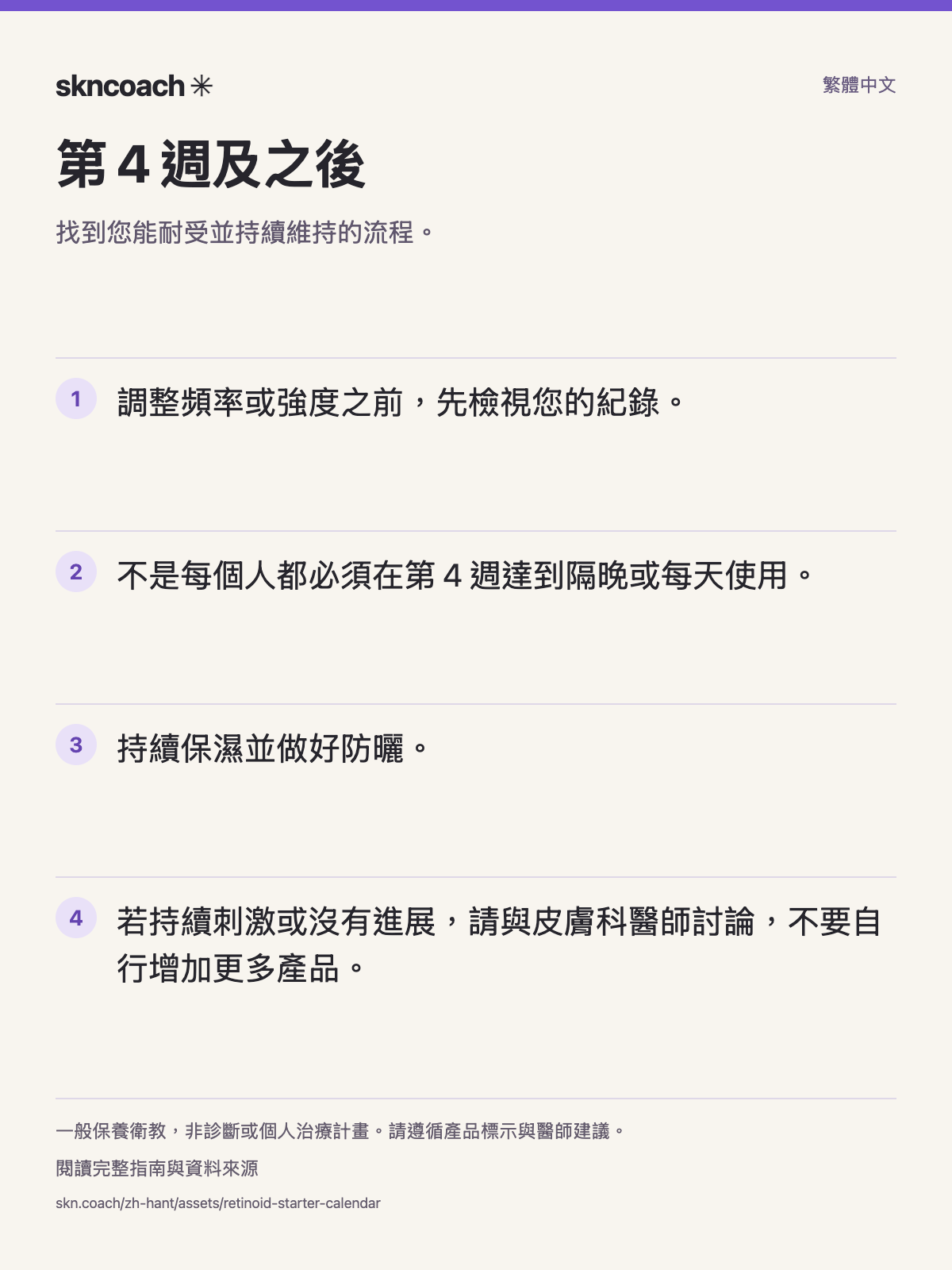 第 4 週及之後：找到您能耐受並持續維持的流程。