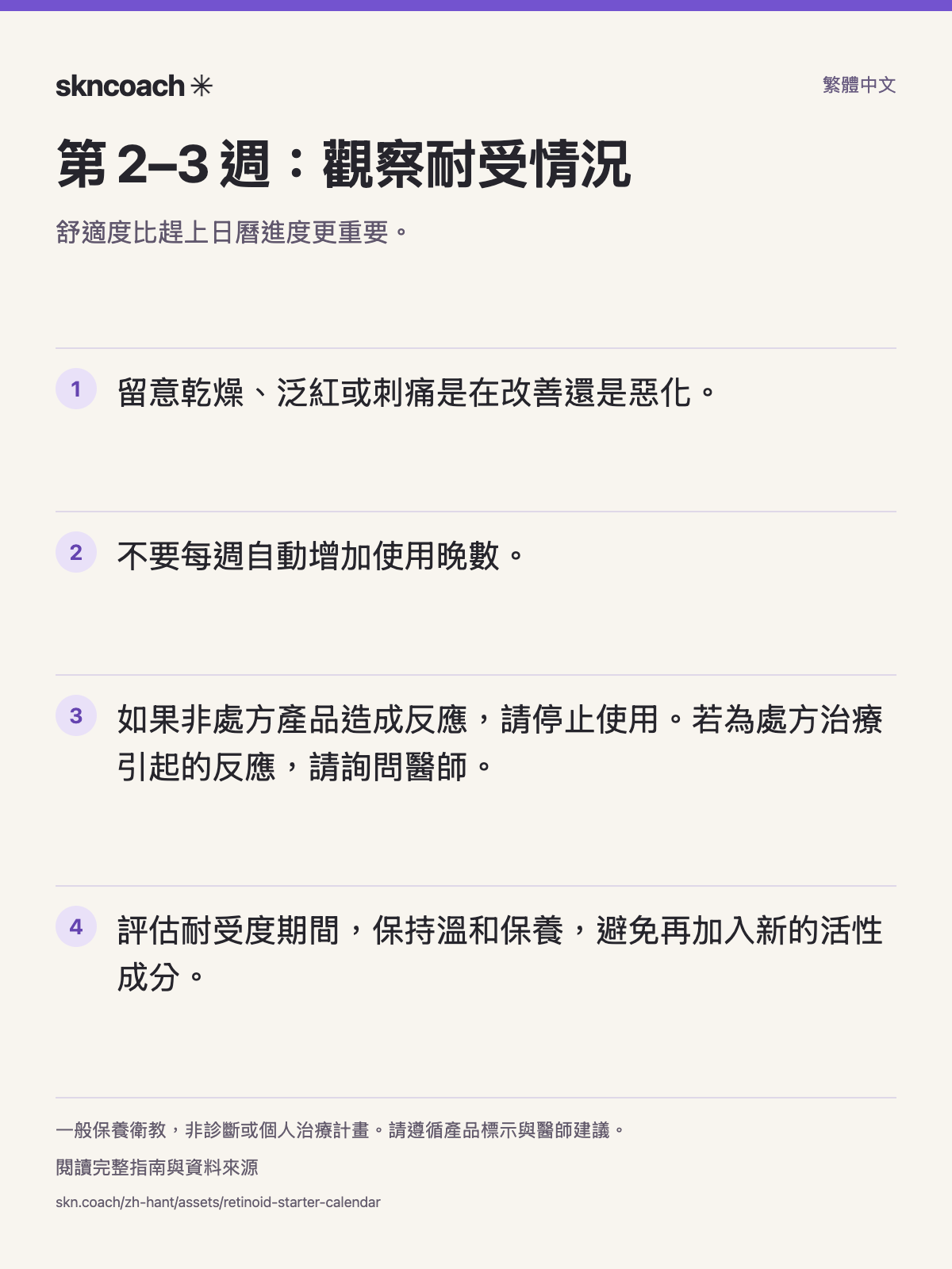 第 2–3 週：觀察耐受情況。舒適度比趕上日曆進度更重要。