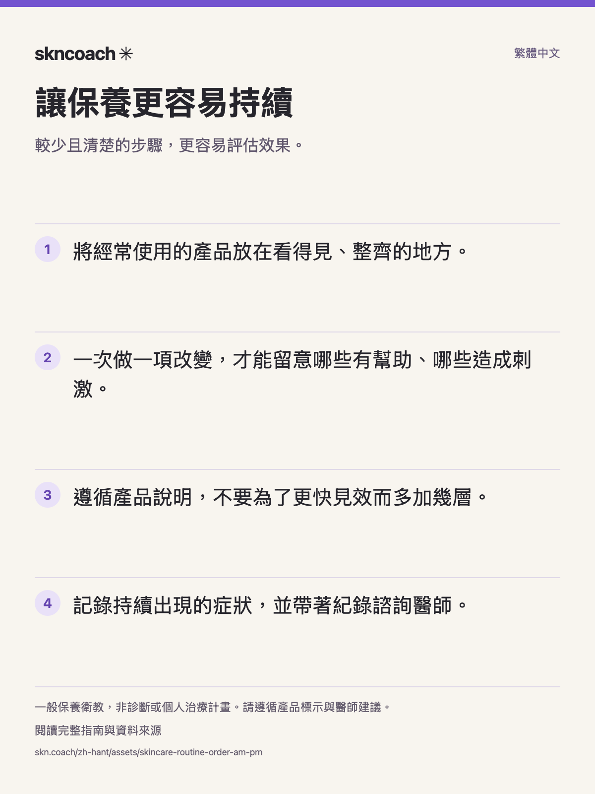 讓保養更容易持續：較少且清楚的步驟，更容易評估效果。