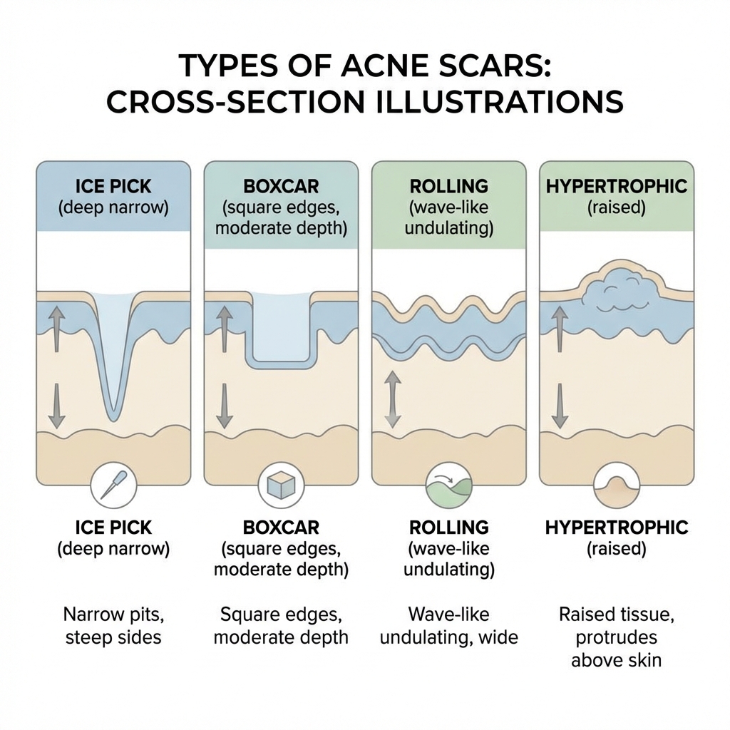 Types of acne scars cross-section illustrations