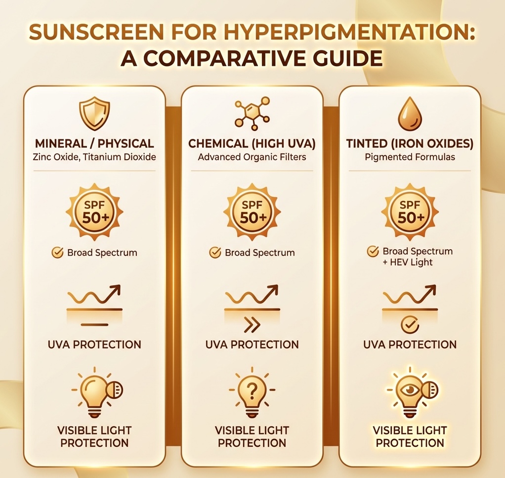 Sunscreen types comparison for hyperpigmentation
