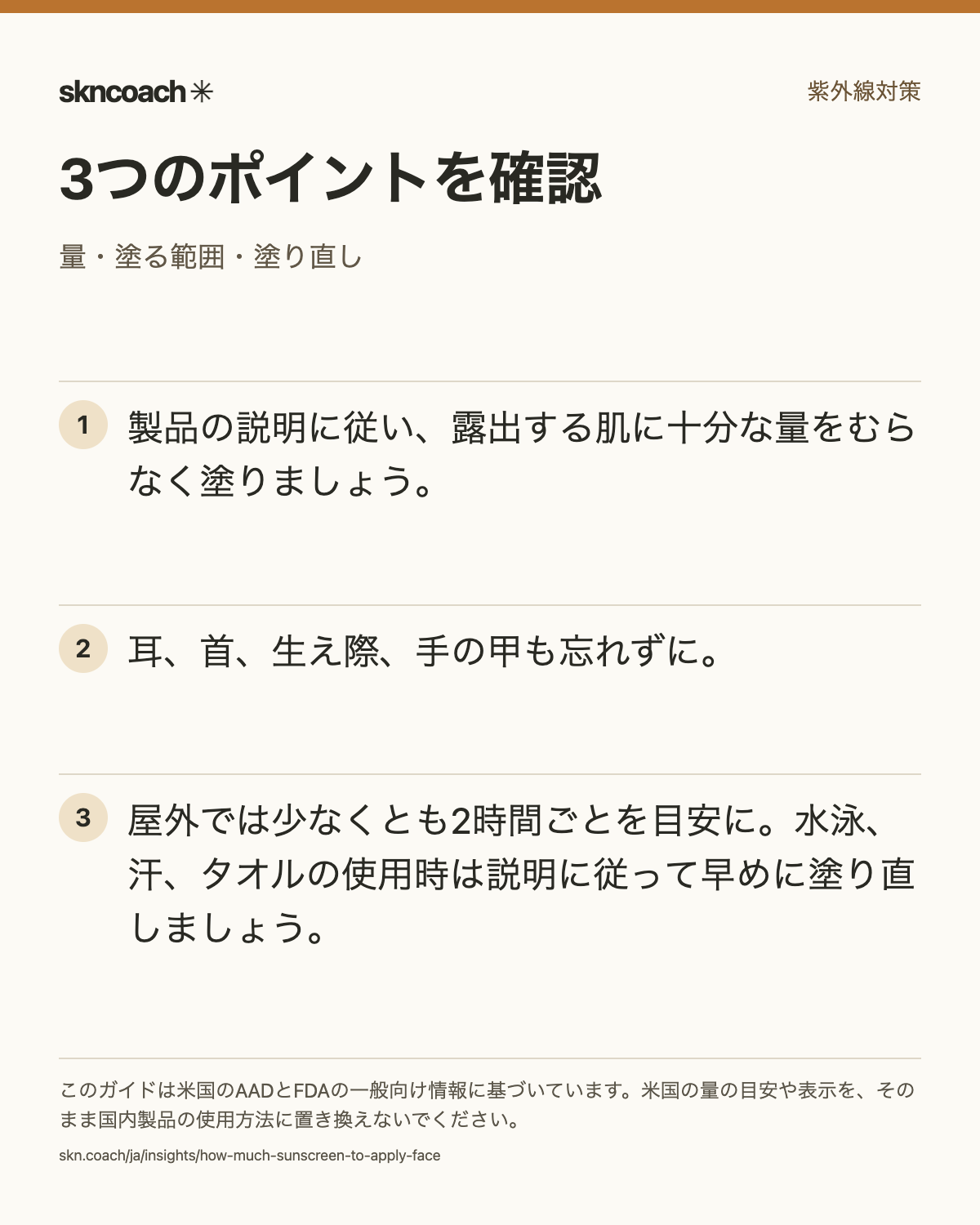 製品の説明に従い、露出する肌に十分な量をむらなく塗りましょう。 耳、首、生え際、手の甲も忘れずに。 屋外では少なくとも2時間ごとを目安に。水泳、汗、タオルの使用時は説明に従って早めに塗り直しましょう。